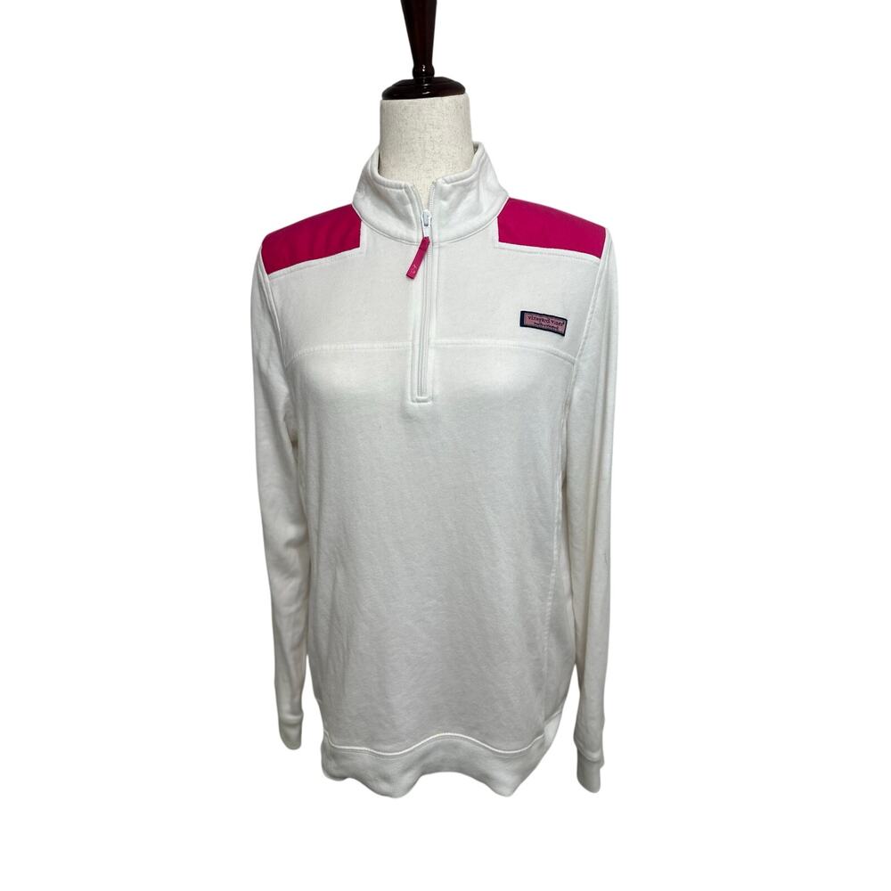 Vineyard Vines Womens White Sweatshirt Pink Shoulder 1/4 Zip Pull Over Size